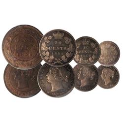 1858 Specimen Set, includes  1858 1¢ Scarce Rotated Dies, 5¢ Sml Date, 10¢, 20¢  ICCS SP64 Plain Edg