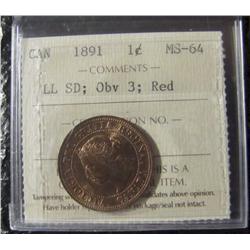 1891 1¢ LL SD Obv 3 ICCS MS64RD. 90% red.   A superb example in pristine condition. Rare