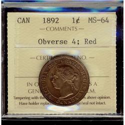 1892 Obv. 4 1¢ ICCS MS64 Red, very nice and clean surfaces.