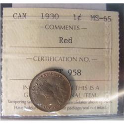 1930 1¢ ICCS MS65RD.  75% red with gem lustre.