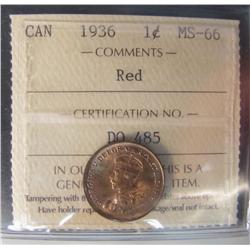 1936 1¢ ICCS MS66RD.  90% red with superb lustre.