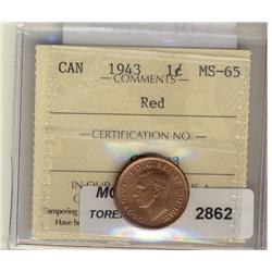 1943 1¢ ICCS MS65 Red, 90% red lustre. A nice High end example.