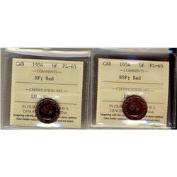 1954 NSF and 1954 SF.  Lot of 2 ICCS graded 1¢ coins, both PL65 Red.  