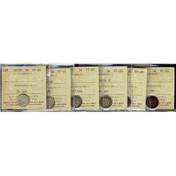 1872H, 1886 Large 6, 1896 1897 Slender 8, 1900 Oval, 1901, 5¢ all ICCS VF20,  Lot of 6 coins,