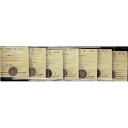 1874H Plain, 1888, 1890H, 1891 Obv 2, 1893, 1896 Large 96, 1897 Slender 8, 5¢ all ICCS F15,  Lot of