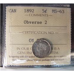 1892 5¢ Obv 2 ICCS MS63.  Greyish colour.