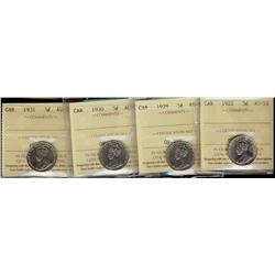 1922, 1929, 1930, 1931 5¢ all ICCS AU55,  Lot of 4 coins,