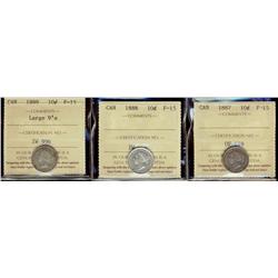 1887, 1888, 1899 Large 9 10¢ all ICCS F15,  Lot of 3 coins,