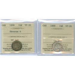 1888 and 1898 Obv.6  Lot of 2 ICCS graded 10¢ coins, both VF20. 