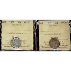 1905,1908 10¢ both ICCS VF30