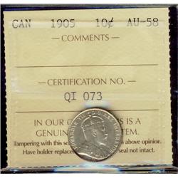 1905 10¢ ICCS AU58, mostly brilliant. Scarce and attractive example.