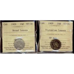 1909Victorian Leaves, 1909 Broad Leaves, 10¢ both ICCS VF30