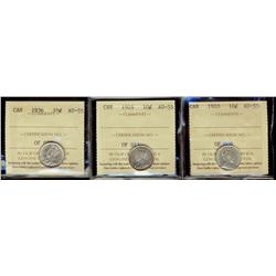 1910, 1918, 1936, 10¢ all ICCS AU55,  Lot of 3 coins,
