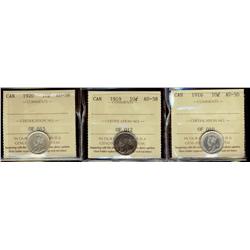 1916 10¢ ICCS AU50, 1919 10¢ ICCS AU58, 1920 10¢ ICCS AU58,  Lot of 3 coins,