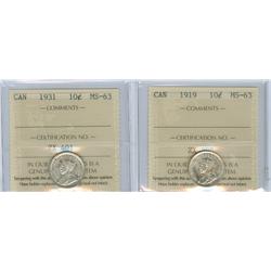 1919 and 1931  Lot of 2 ICCS graded 10¢ coins, both MS63 and brilliant. 