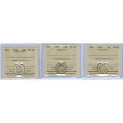 1919, 1931 and 1936  Lot of 3 ICCS graded 10¢ coins, all MS63 and brilliant. 