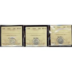 1921, 1929, 1932 10¢ all ICCS MS62,  Lot of 3 coins,
