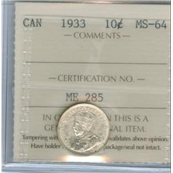 1933 10¢ ICCS MS64.  Blast white ans lustrous.