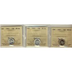 1937 10¢ ICCS MS64,  1943 10¢ ICCS MS64,  1947 10¢ ICCS MS63,  Lot of 3 coins,