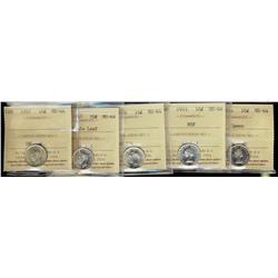 1937, 1947 ML, 1949, 1953NSF, 1954 Cameo, 10¢ all ICCS MS64,  Lot of 5 coins,