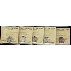 1938, 1940, 1949, 1950, 1951, 10¢ all ICCS MS64,  Lot of 5 coins,