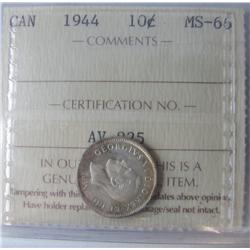 1944 10¢ ICCS MS66.  Superb lustre with light rim tones.