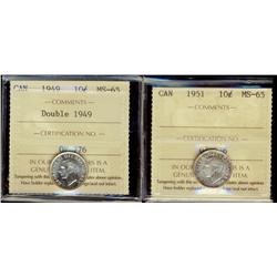 1949 10¢ Doubled date 1949 ICCS MS65.  Brilliant and believed to be quite scarce.