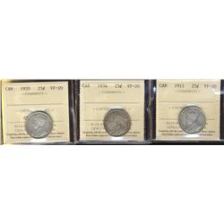1911, 1934, 1935, 25¢ all ICCS VF20,  Lot of 3 coins,