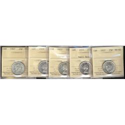 1937, 1953SD, 1953LD, 1959, 1967, all ICCS MS64,  Lot of 5 coins,