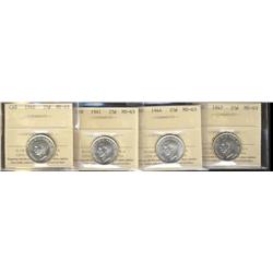 1940, 1941, 1944, 1947 25¢ all ICCS MS63,   Lot of 4 coins,
