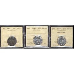 1944, 1945, 1947 ML,  25¢ all ICCS MS63,  Lot of 3 coins,