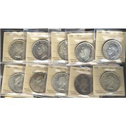 1937, 1939 Cameo, 1951, 1952, 1953 NSF, 1954, 1958, 1963, 1966 LB, 1967 $1 all ICCS MS63,  Lot of 10