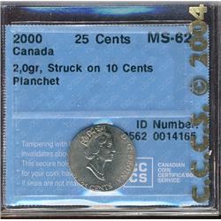 ERROR 2000 25¢ struck on 10¢ planchet, CCCS MS62.  Weighs 2,0gr.