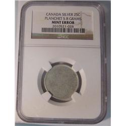 ERROR 25¢ Silver blank planchet, 5,8 gr NGC graded.