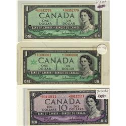 1954 $1 BC-37bA *SO, 1954 $10 BC-40bA *BD  & 1967 $1 BC-45bA *NO.  Lot of 3 replacement issues.  VF 