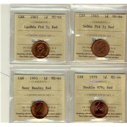 1965 SmBds Ptd, LgBds Ptd, 1979 Dbl 979 & 1983 Nr Bds 1¢ MS64RD.  Lot of 4 coins all ICCS graded ful