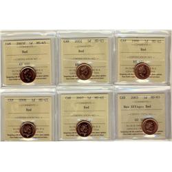 1998, 2002, 2003P, 2003 New Effigy, 2007, 2008, 1¢ ICCS MS65 Red,  Lot of 6 coins,