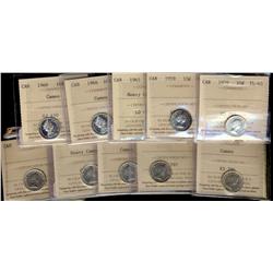 1959(2), 1965, 1966(2) 10¢ PL65, 1960(2), 1961, 1963(2), 1964 & 1965 PL64.  Lot of 12 coins some wit