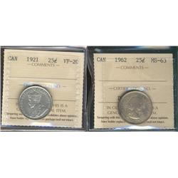 1921 VF20 & 1962 MS63 25¢.  Lot of 2 ICCS graded coins.