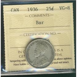 1936 25¢ Bar ICCS VG8.  Popular variety.