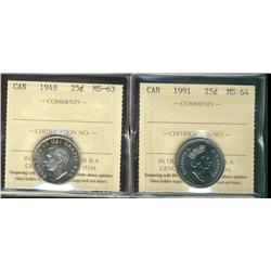 1948 MS63 & 1991 MS64 25¢.  Lot of 2 better dates.