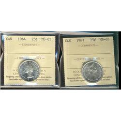 1964 & 1967 25¢ ICCS MS65.  Lot of 2 blast white coins.