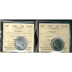 1968 25¢ Nickel and Silver ICCS MS65.  Lot of 2 coins.