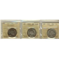 1900 G6, 1903h VG8 & 1909 VG8 50¢  Lot of 3 ICCS graded coins.