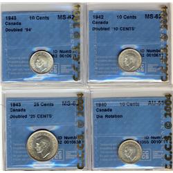 Lot of four VARIETY coins, all CCCS graded MS-62. 10¢ 1940 DIE ROTATION, 1942 DOUBLED 10 cents, 1943