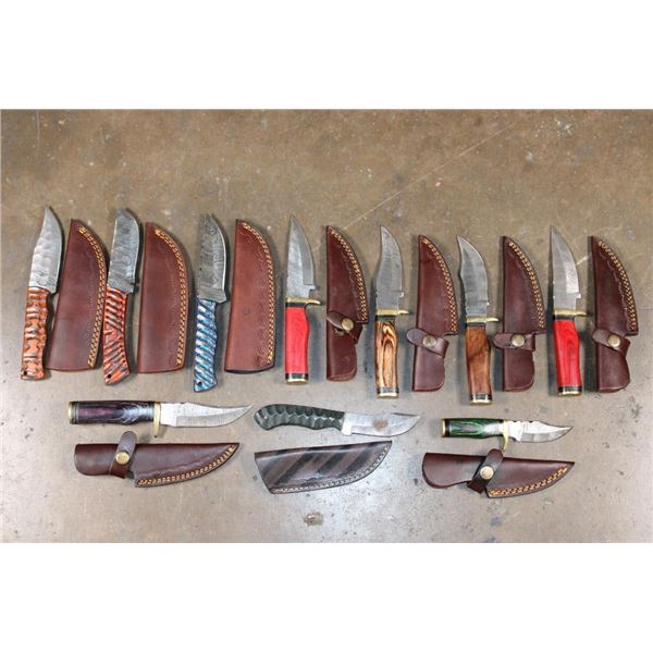 (10) Fixed Blade Damascus Steel KNIVES with Leather Sheaths (ONE$)