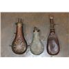 Image 1 : (2) Mid 1800s Powder Flasks and (1) 1800s Leather Shot Flask (ONE$)