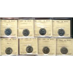 1954 SF, 1959, 1960, 1993, 1996 Nr 6, 1998, 1999 & 2002P 5¢ ICCS MS65.  Lot of 8 coins.