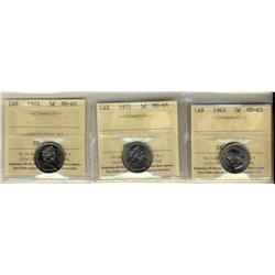 1963, 1971 & 1972 5¢ ICCS MS65.  Lot of 3 coins.