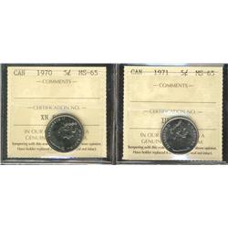 1970 & 1971 5¢ ICCS MS65.  Lot of 2 coins.